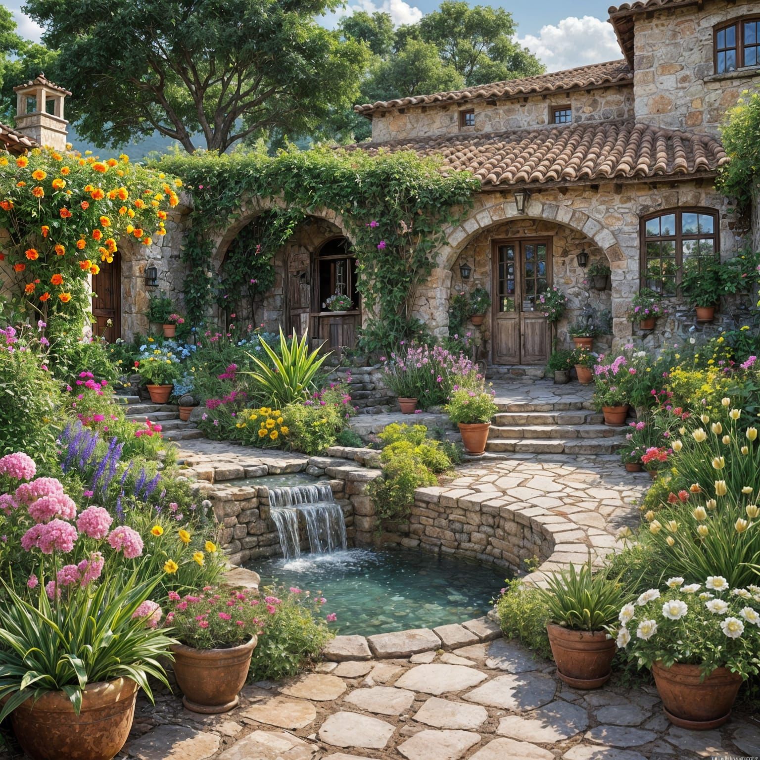 Intricate Old House Surrounded by Flowers and Water