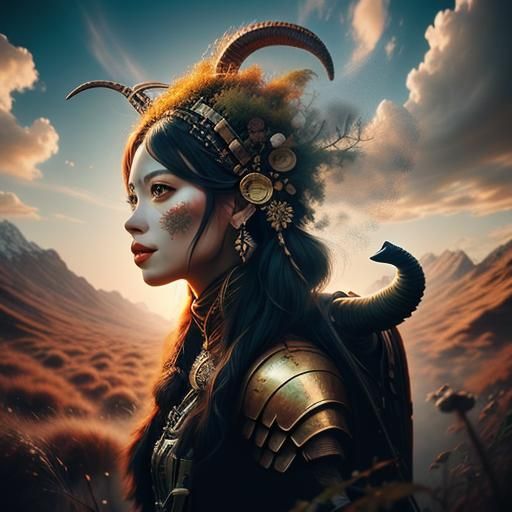 Double Exposure of Warrior Woman and Elephants