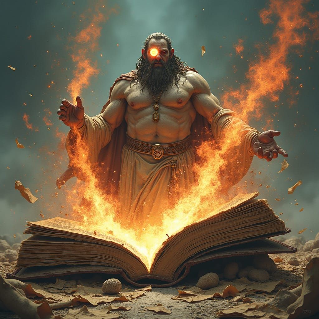 Gigantic Cyclops Emerges from Ancient Tome in Blazing Glory
