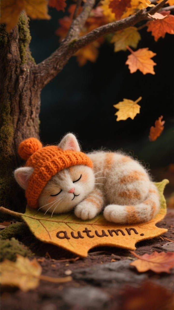 Adorable Felted Cat Sleeps Under Autumn Tree