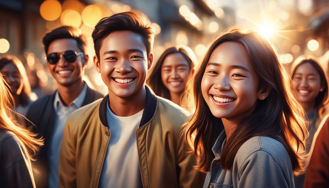 Photorealistic Smiling People in Golden Hour Light