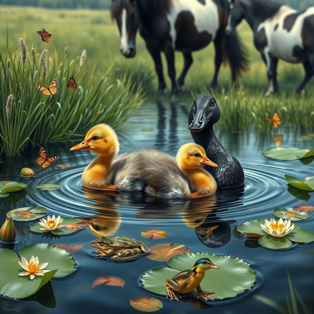 Ducklings Ride Mother Duck in Pond Scene
