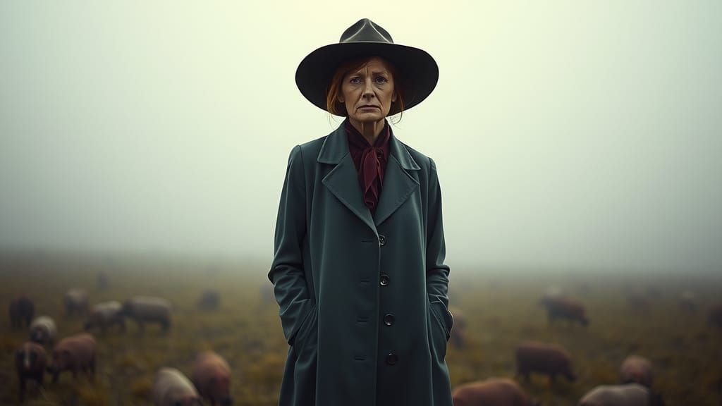 Melancholic Woman in Misty Landscape, Emotive Photography