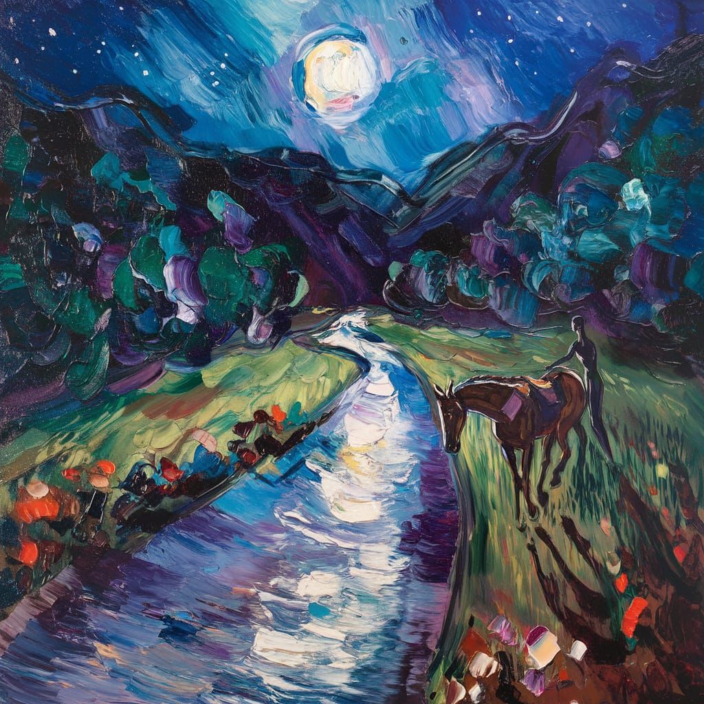 Impressionist Moonlit Valley with River and Starry Sky