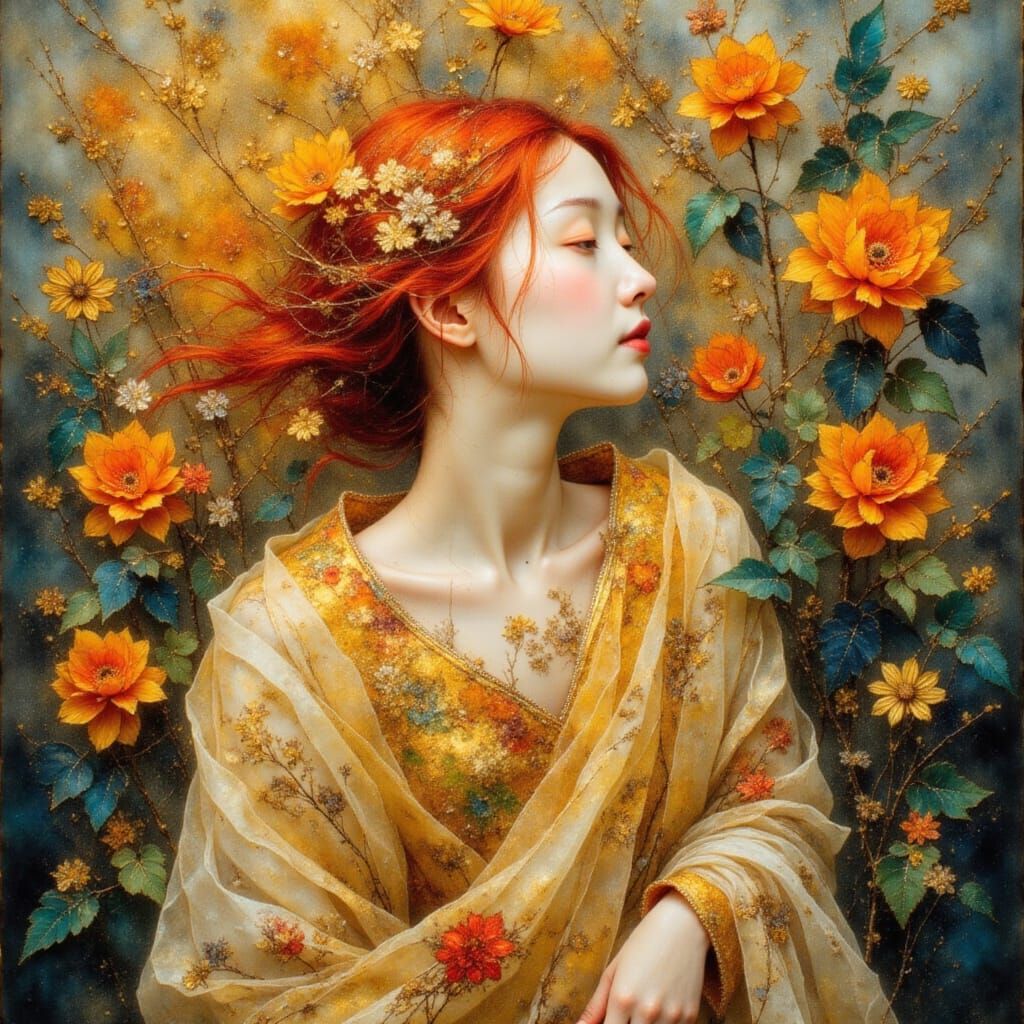 Nature Goddess in Gold and Teal, Art Nouveau Style