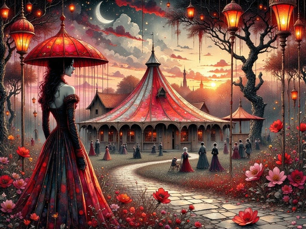 Mystical Circus at Dusk in Colored Ink Style
