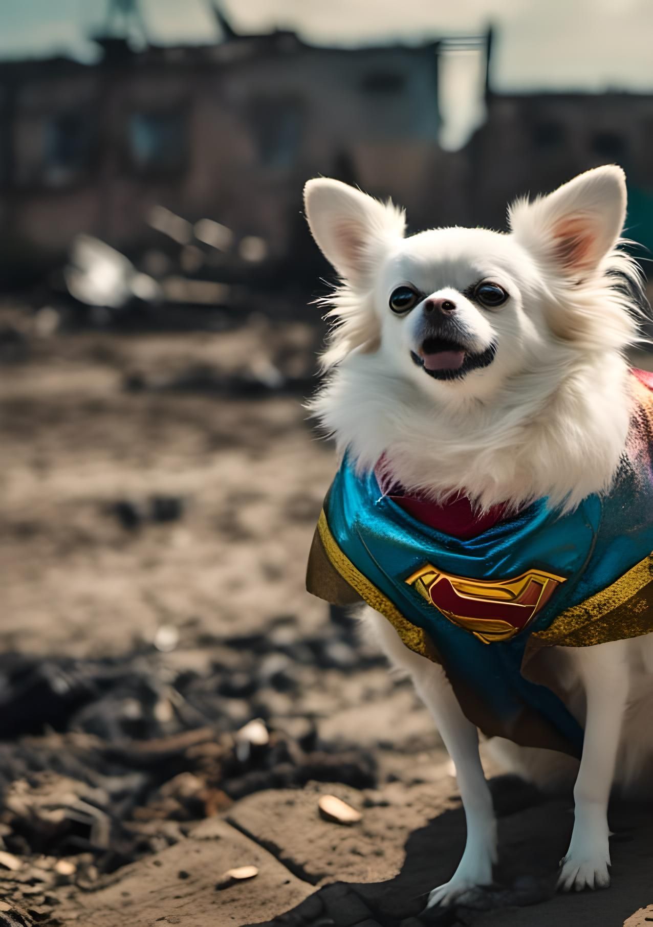 Chihuahua Superhero Flies Over Charred Suburb