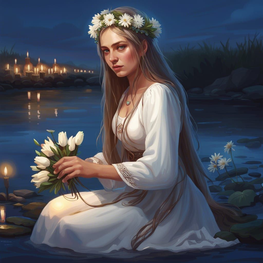 Slavic Girl with Flower Crown by River at Night