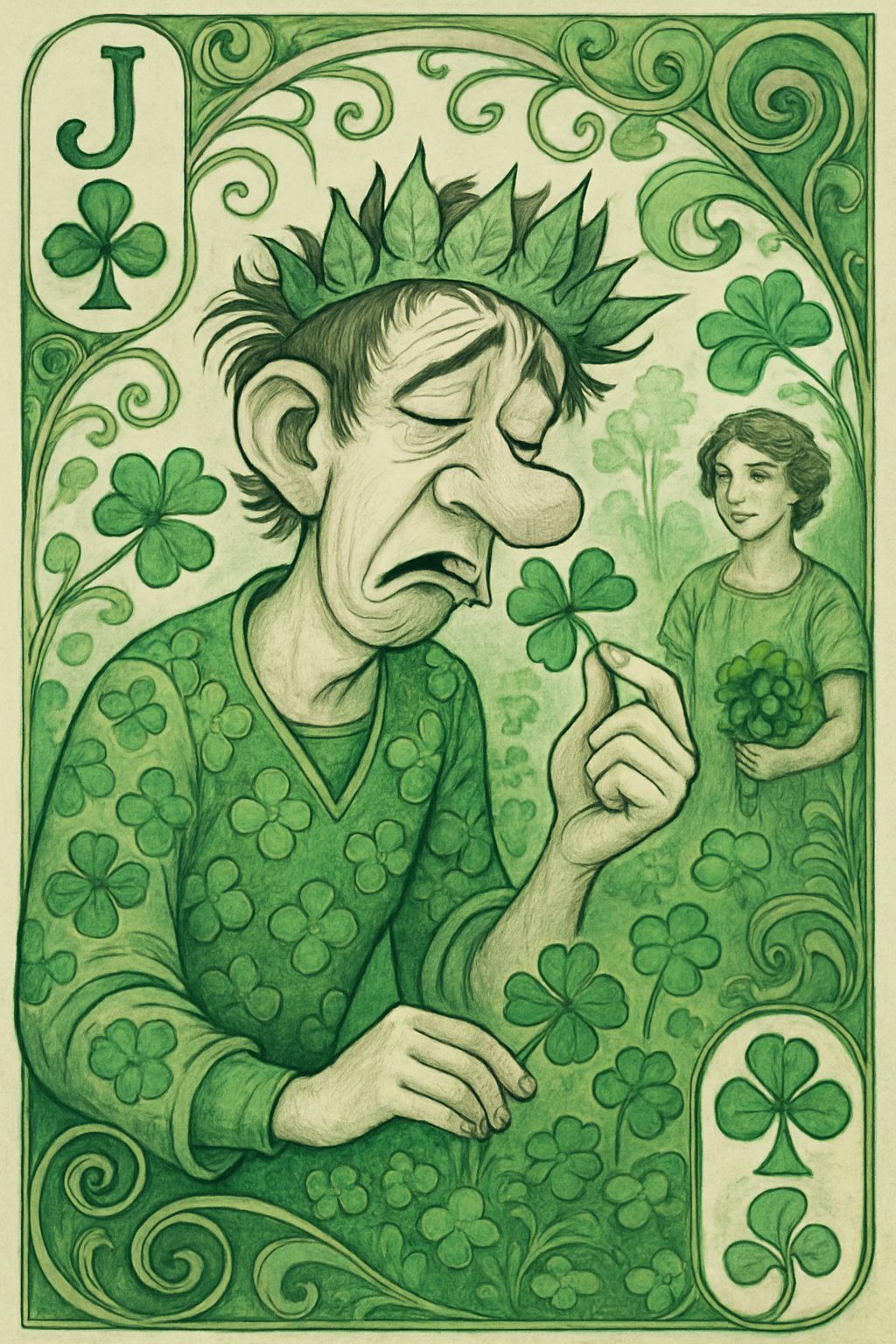 Jack of Clubs Caricature as Art Nouveau Botanical