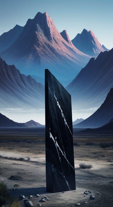Surreal Mountainscape with Obsidian Slab