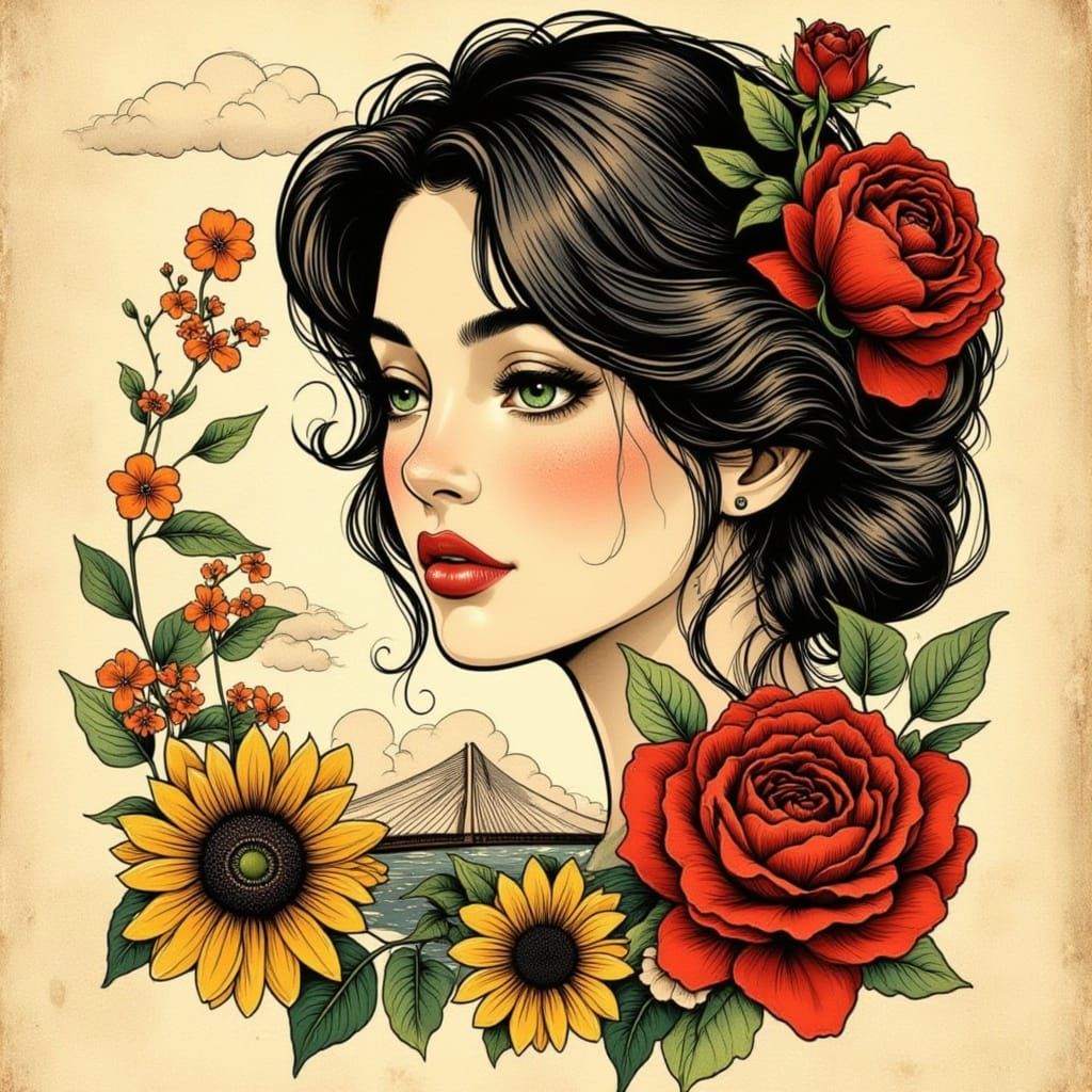 Woman's Profile in Neo Art Nouveau Tattoo Style