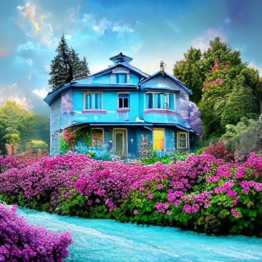 Victorian House Oil Painting with Floral Walkway