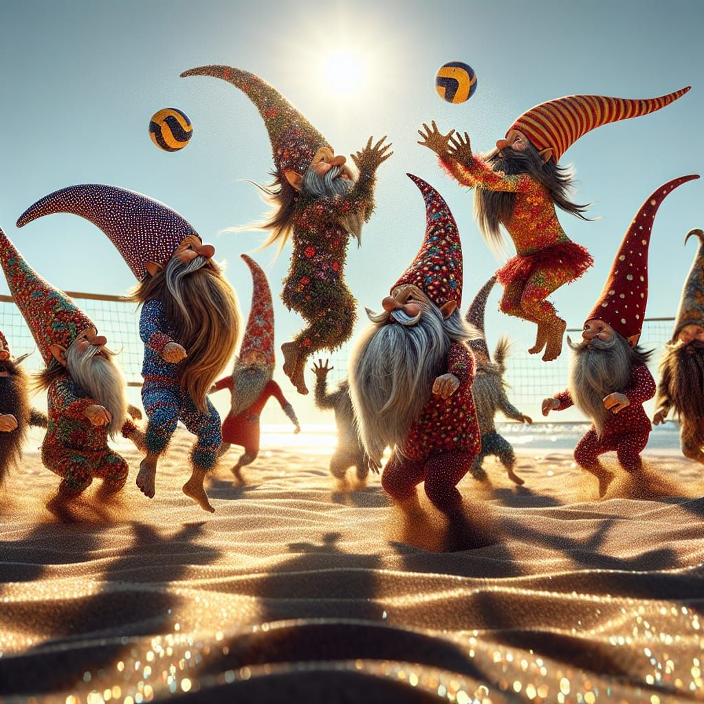 Gnomes Play Volleyball on a Sunny Beach