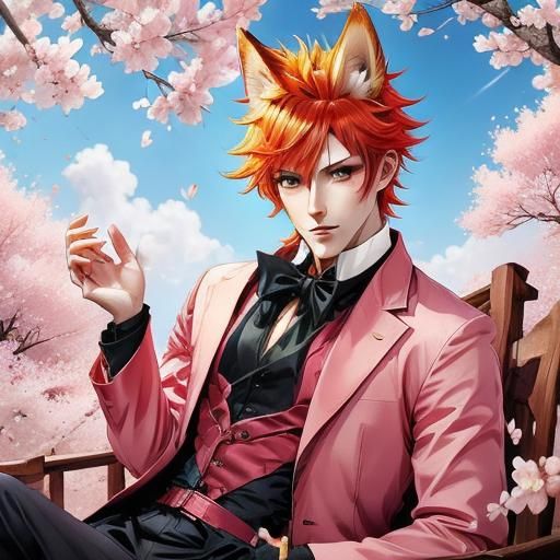 Male Kitsune in Cherry Blossom Tree: Anime Art
