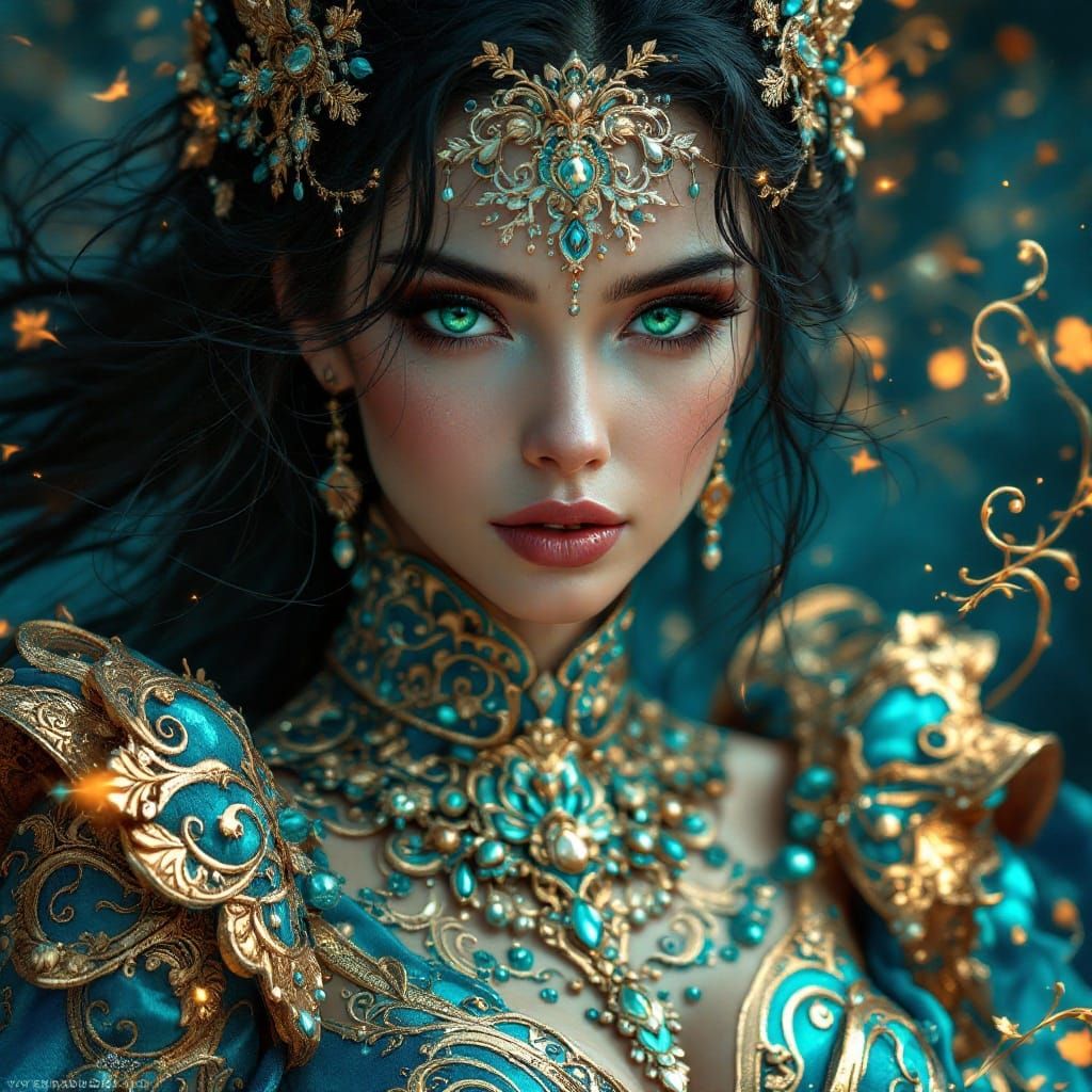 Woman in Elaborate Gown with Emerald Eyes