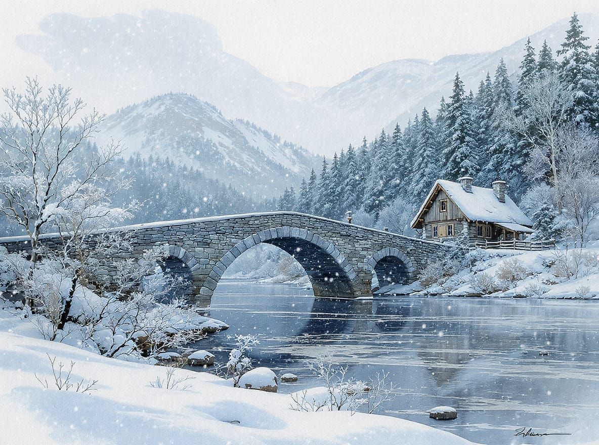 Winter Landscape with Stone Bridge: Watercolor Painting