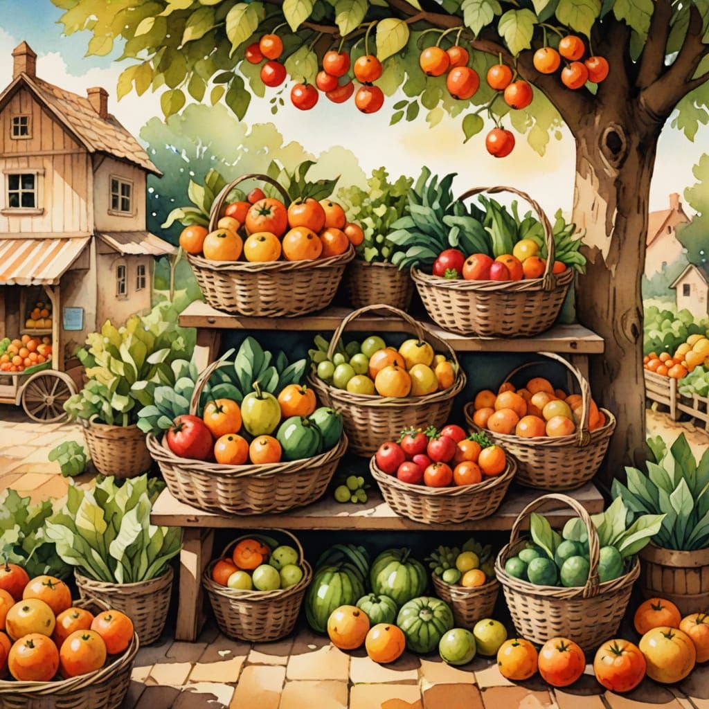 Storybook Fruit & Veggie Stand Watercolor Illustration