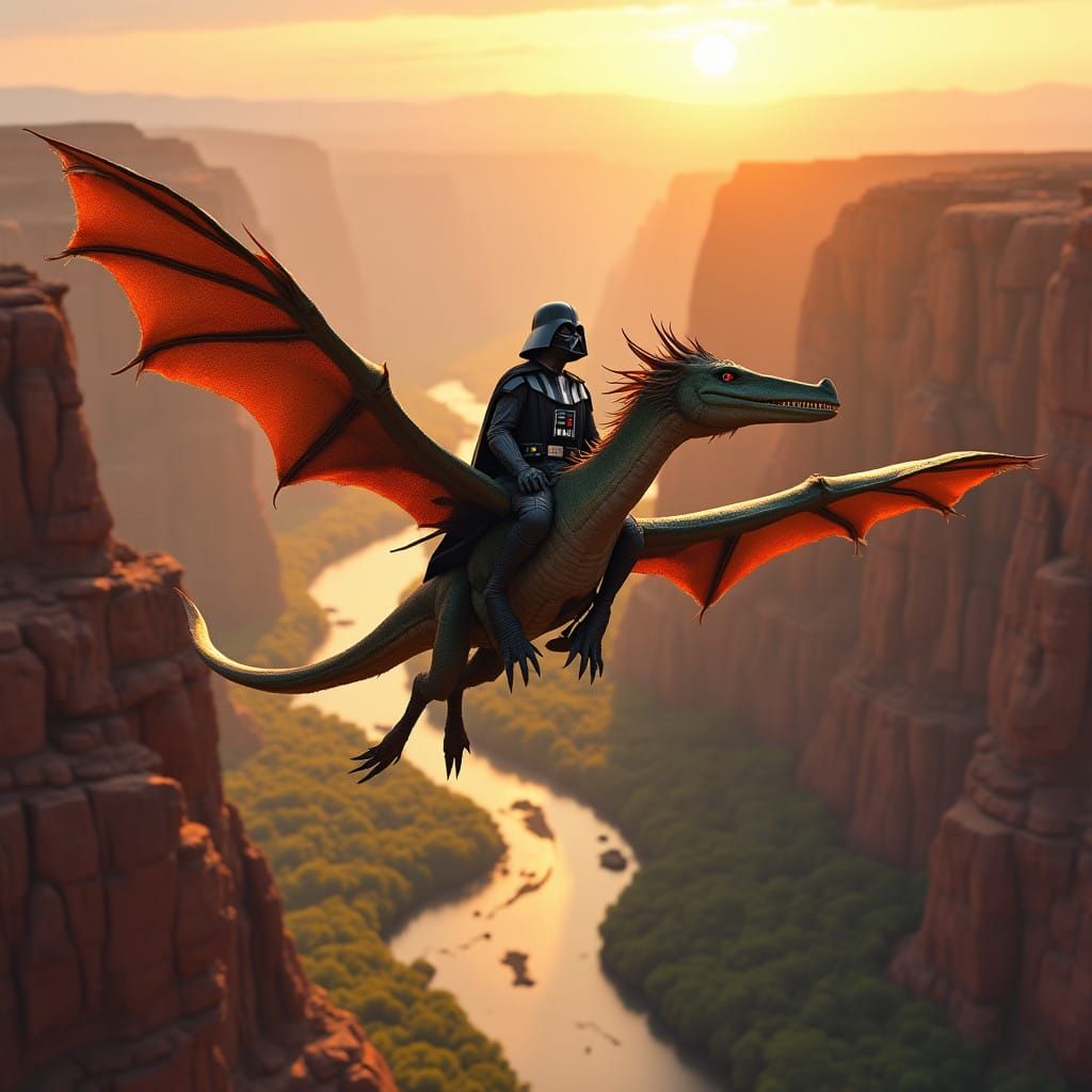 Flying Creature Soars Over Desert Canyon at Sunset