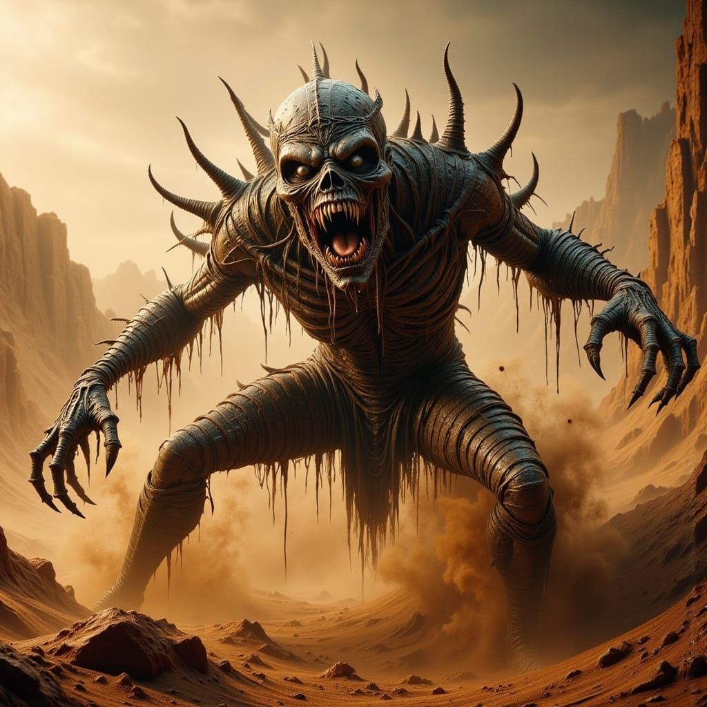 Epic Monster Emerges from Desert Sandstorm in Cyberpunk Styl...