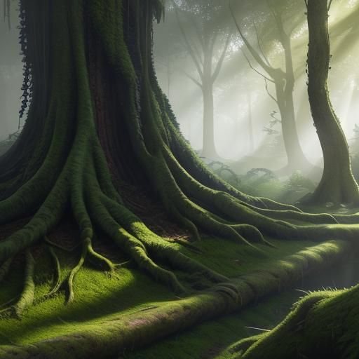 Sunlit Mossy Log in Mystical Forest: 3D Rendering