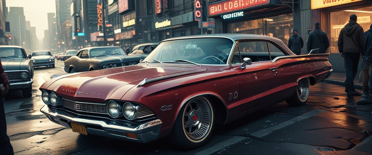 Oldsmobile 1960 in a crowded cyberpunk city
