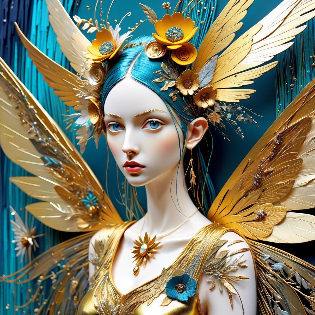 Punk Fairy with Gold Wings in Mixed Media Art