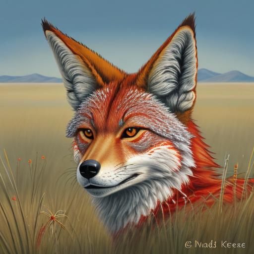 CUTE (RED:0.5) Atomic-Structure African Wolf Grandmother in grassland, beading, Amanda Sage, Georgia O'Keeffe