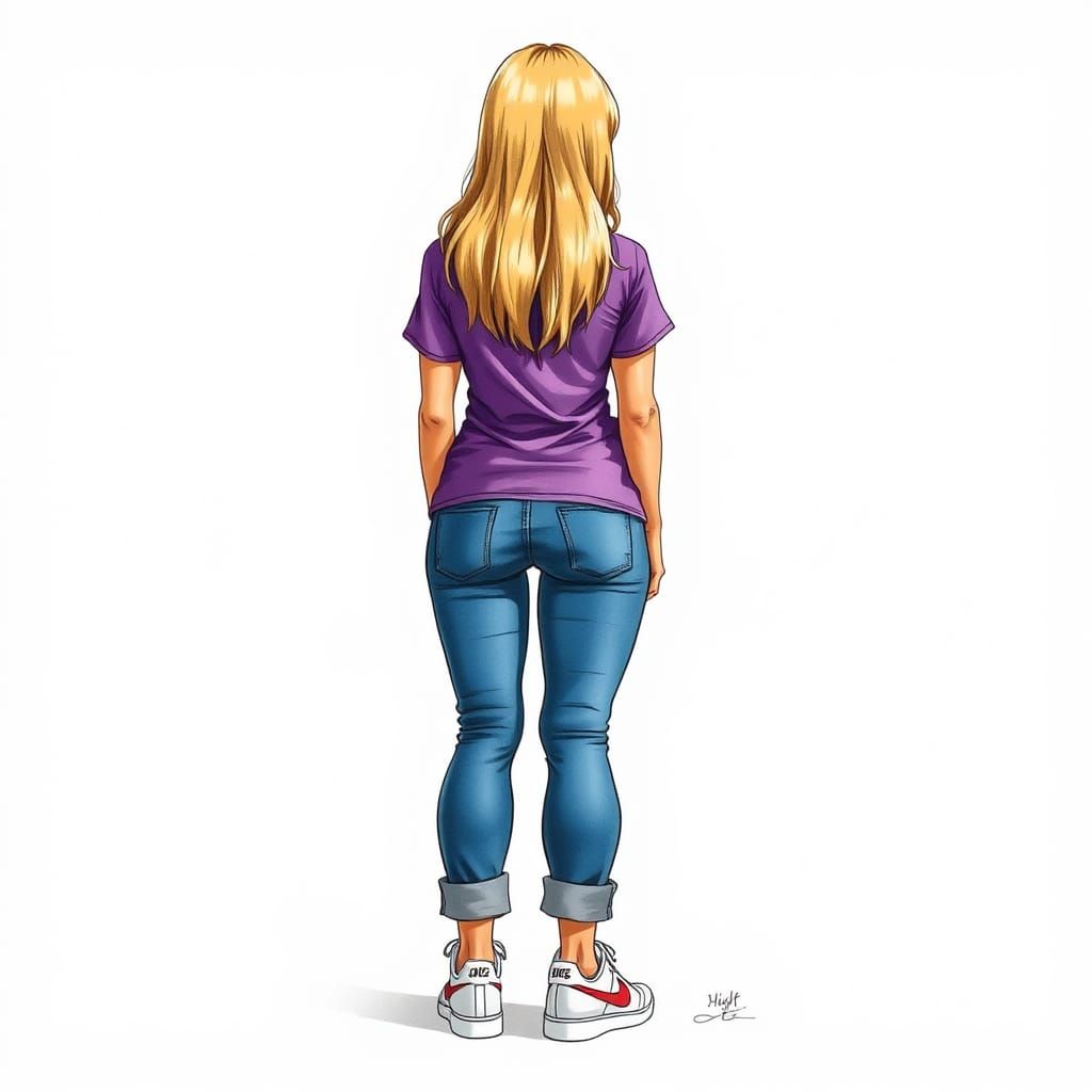Back view of (blonde thick beautiful woman) standing. Woman wears (nike shoes), (jeans), (purple t-shirt). bad anatomy a...