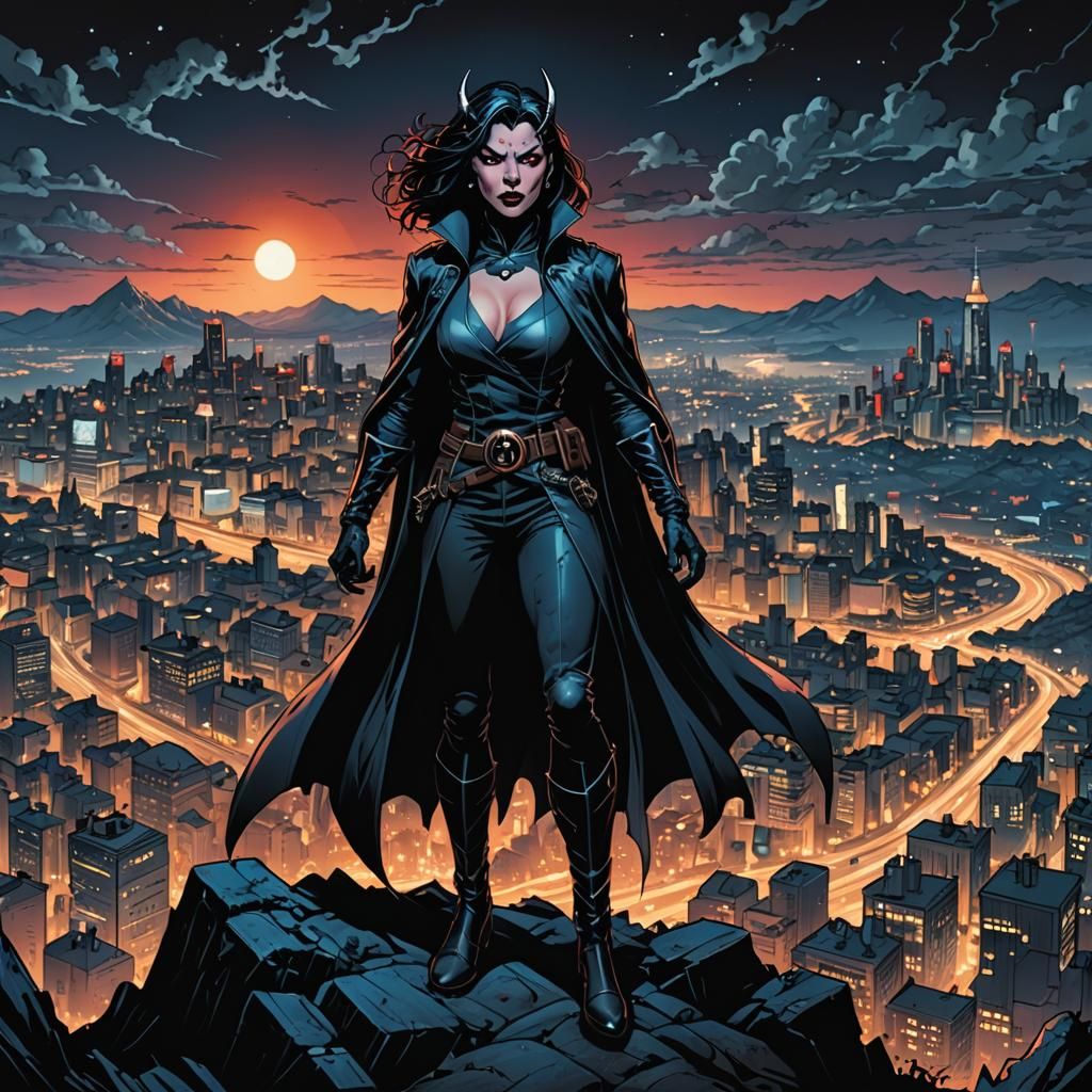 Diabolical Villain Overlooks City at Night, Comic Book Art