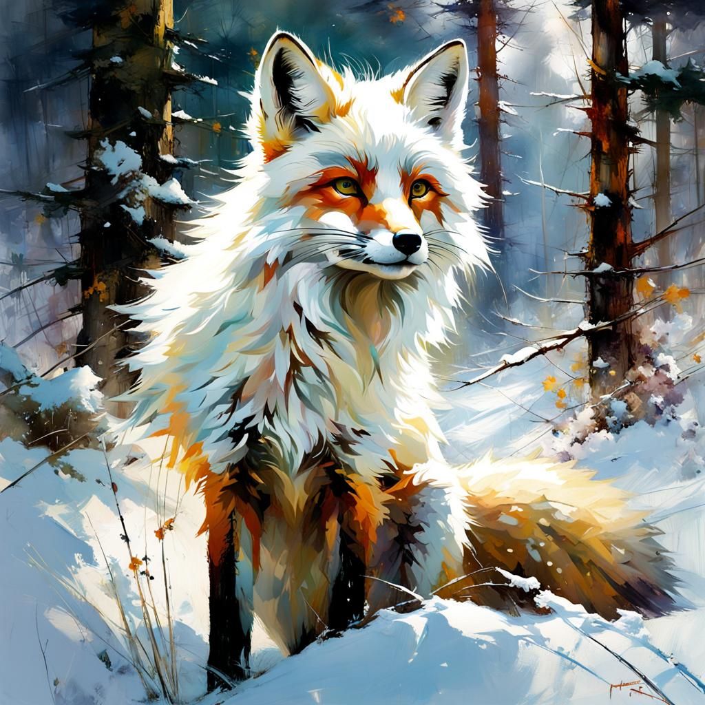 Adorable White Fox Plays in Snowy Pine Forest