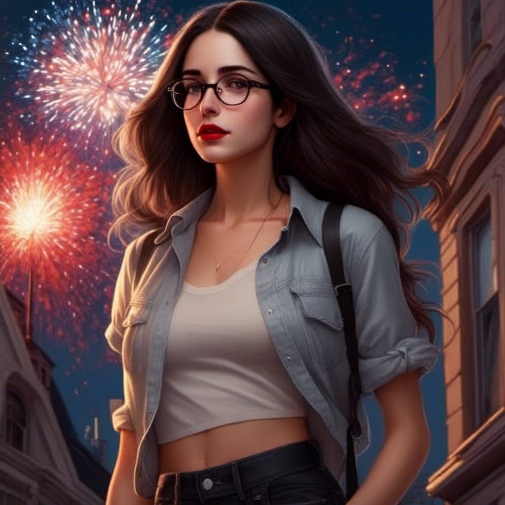 Woman with Fireworks: Hyperrealistic Concept Art
