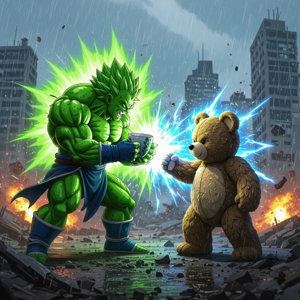 Epic Anime Battle in Ruined City, Dragon Ball Z Style