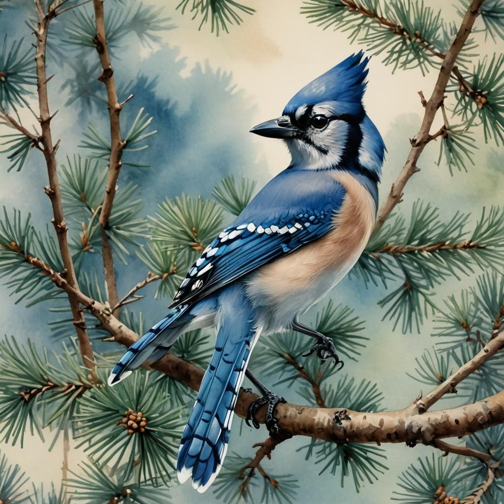 Blue Jay on Pine Branch Watercolor Painting