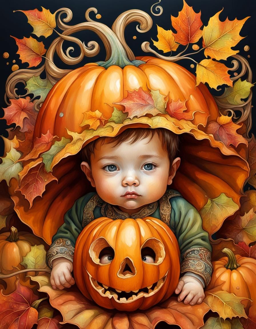 Baby in Pumpkin Hat, Fairytale Portrait