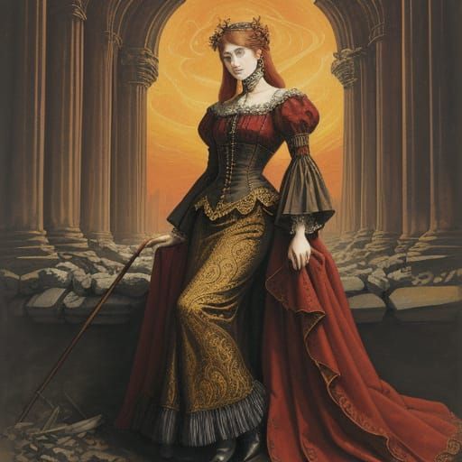 Woman in Art Nouveau-Inspired Medieval Gown Amidst Ancient R...
