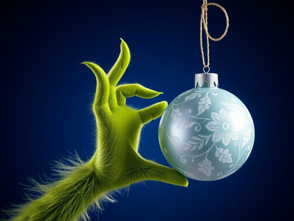 Hyper-Realistic Grinch Hand with Floral Patterns and Christm...