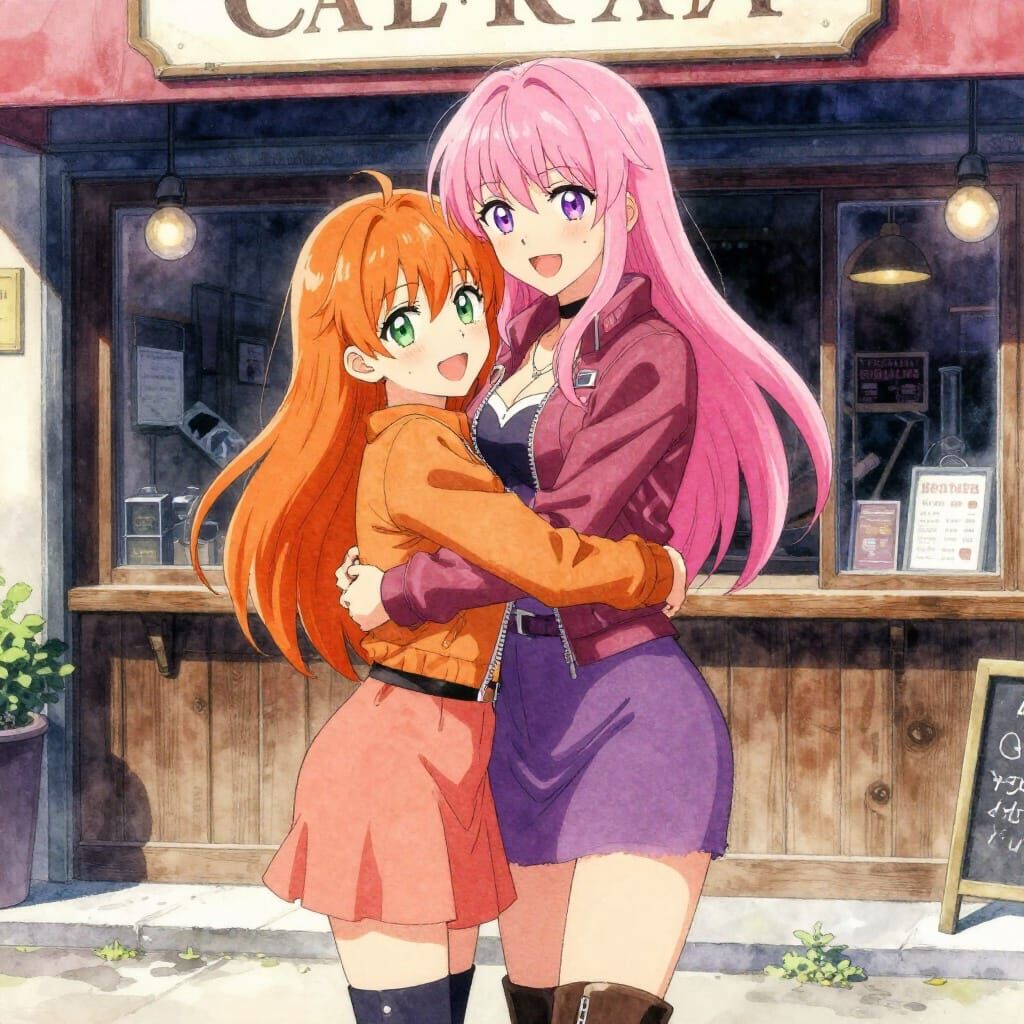 Anime Women Hugging Outside Pub in Watercolor Style