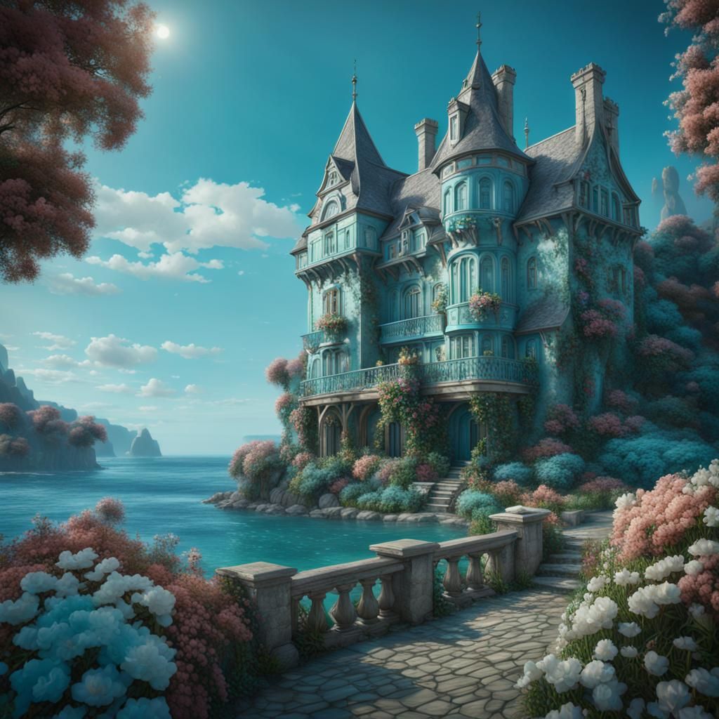 White Mansion on Turquoise Sea: Fantasy Concept Art