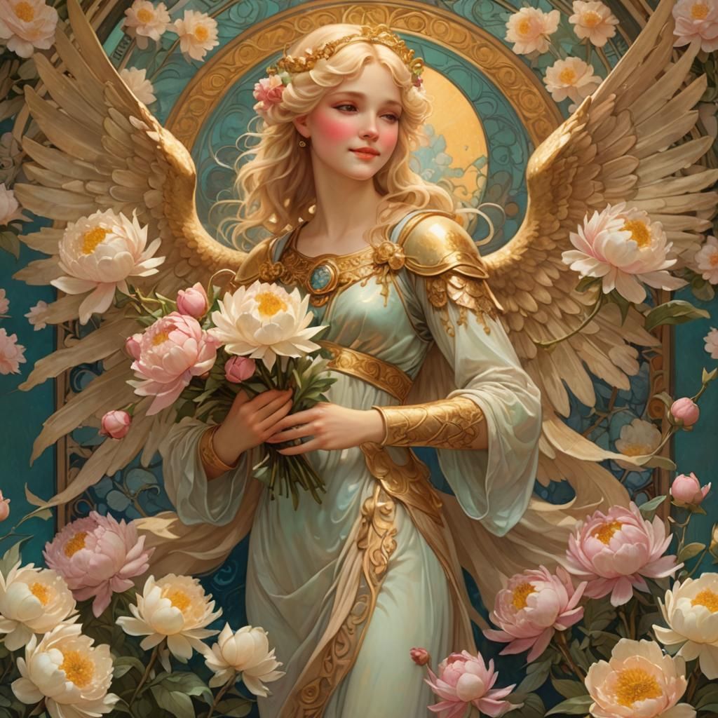 Angel with Peonies Bouquet in Mucha Style