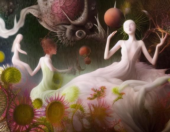 Surreal Figures Laughing in Space, Oil on Ceramic