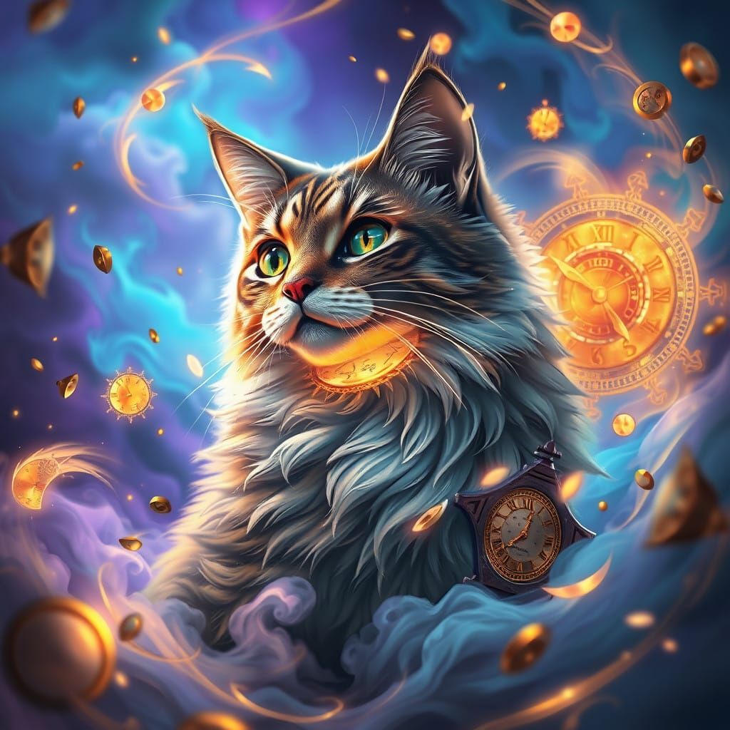 Timeless Feline Majesty in Dreamlike Cosmic Scene