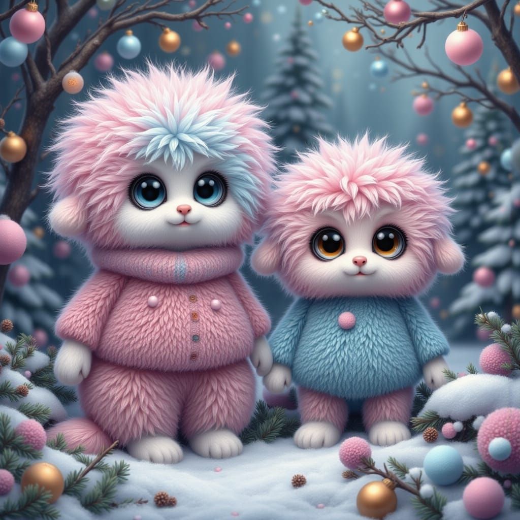 Fluffy Mother Cat With Tiny Kitten Festive Sweaters