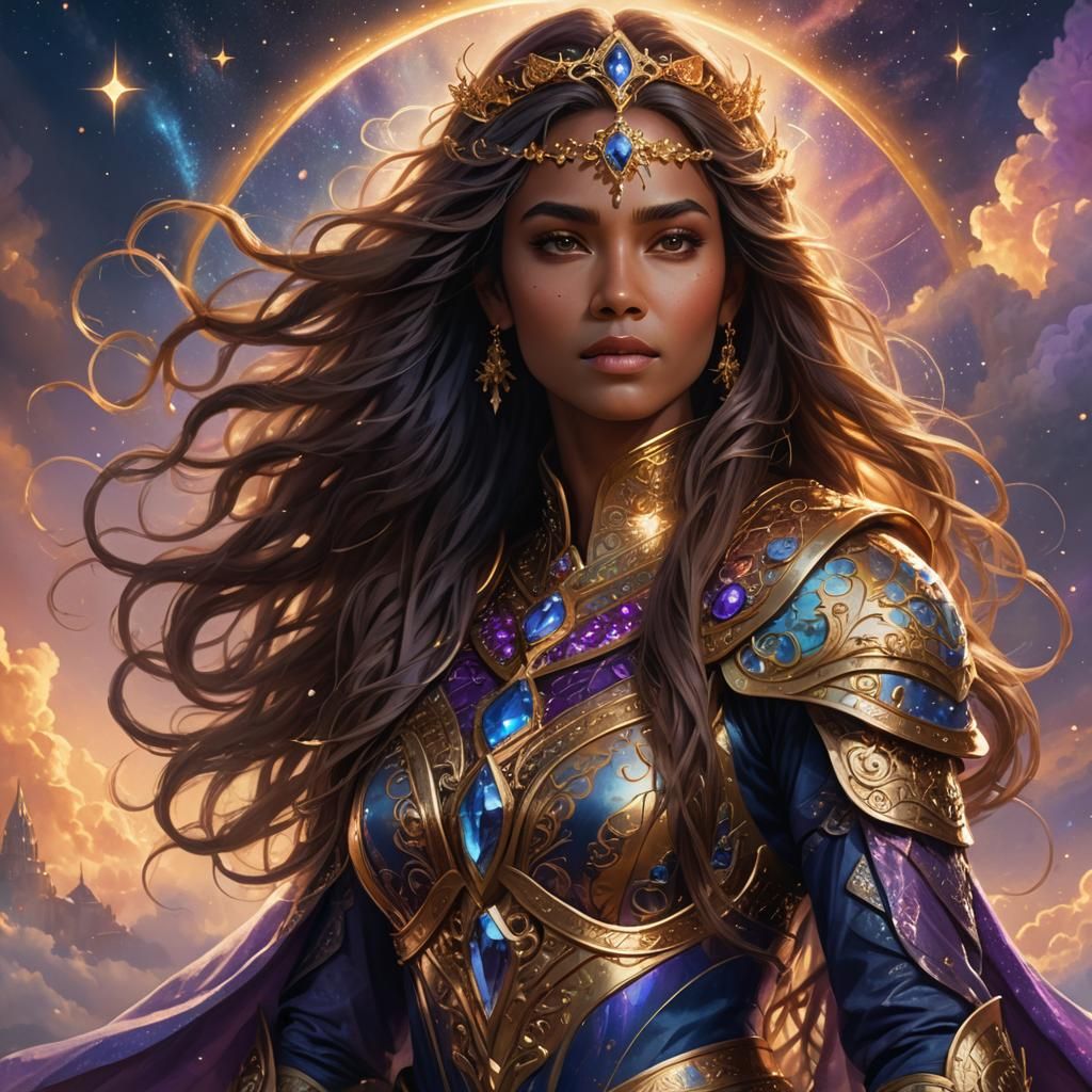 Regal Woman in Gemstone Armor: Fantasy Art Deco Portrait