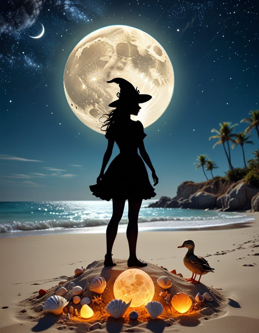 Silhouette Witch Under Glowing Moon in Steampunk Style
