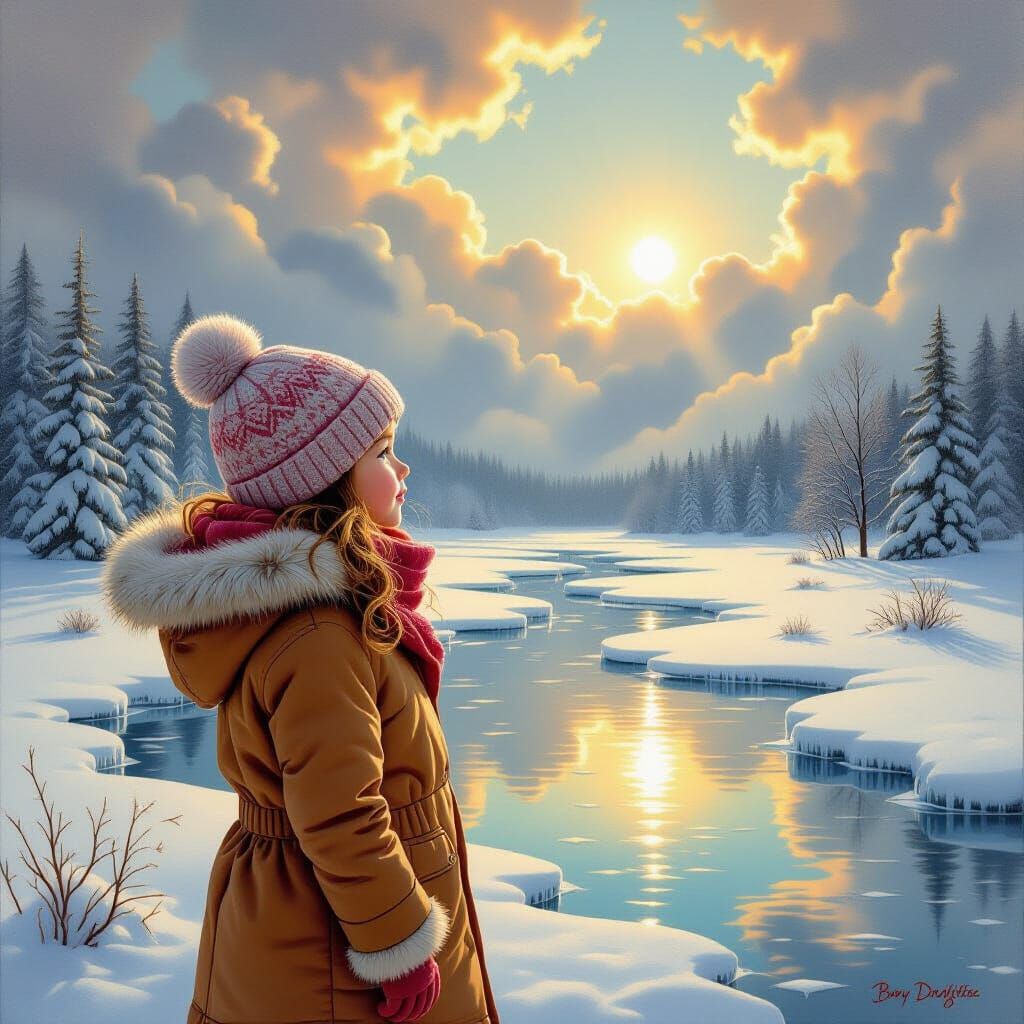 Girl in Winter Landscape, Detailed Digital Painting