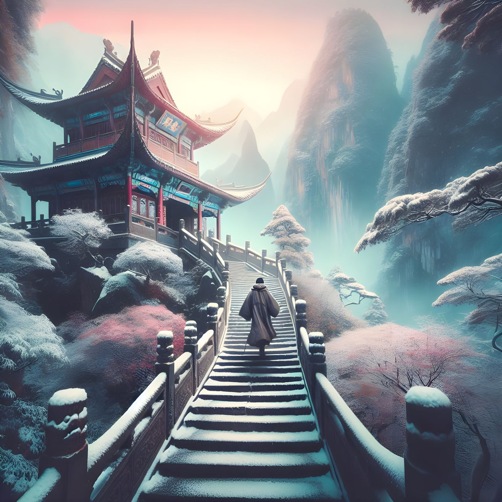 Dreamy Winter Chinese Mountain Landscape with Temple and Asc...