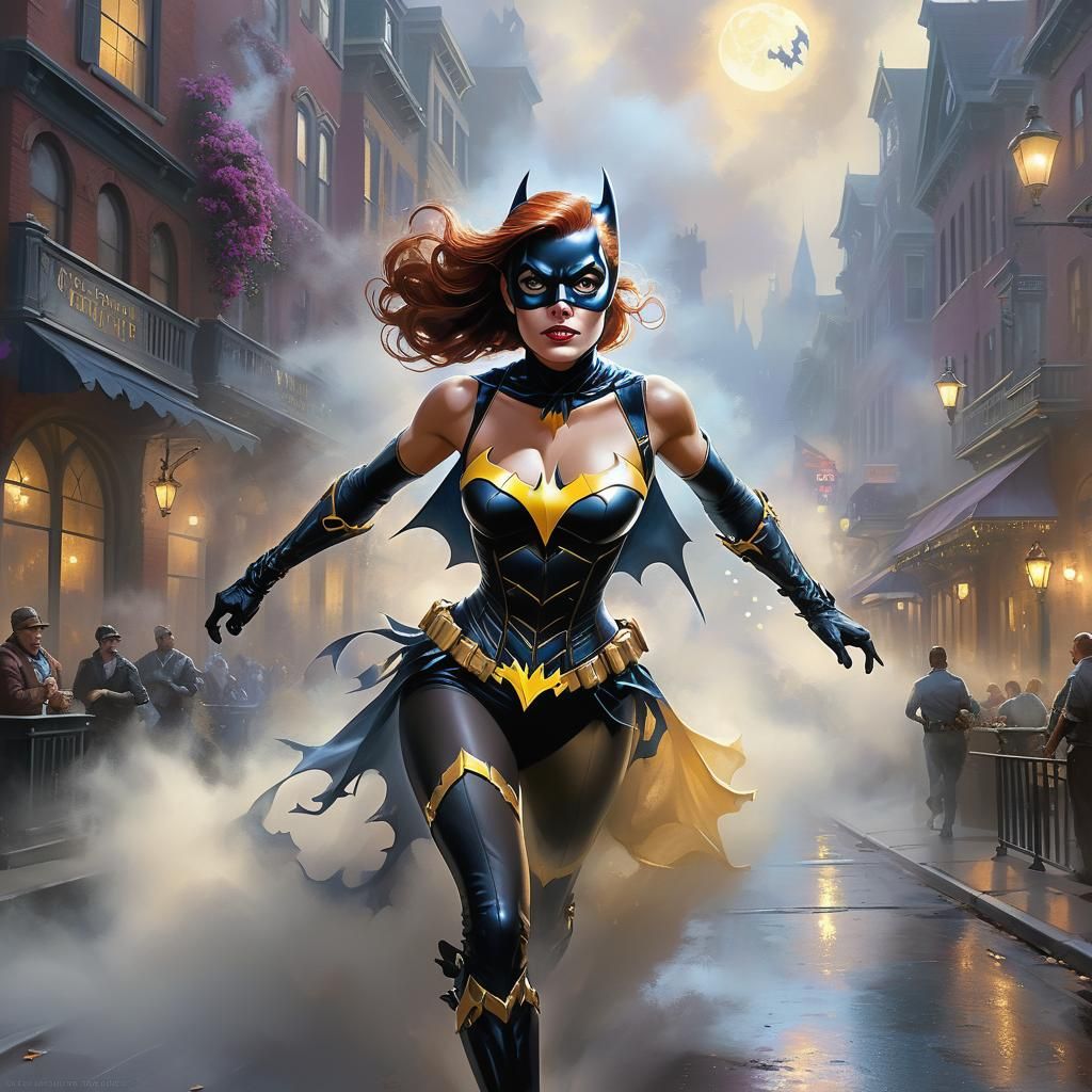 Batgirl Runs Through Misty Streets: Ethereal Fantasy Art