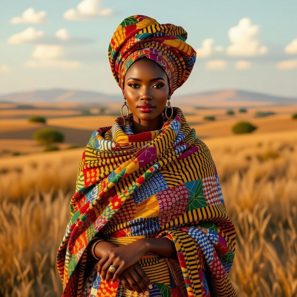 African Woman in Ribbed Textiles, Mixed Media Art