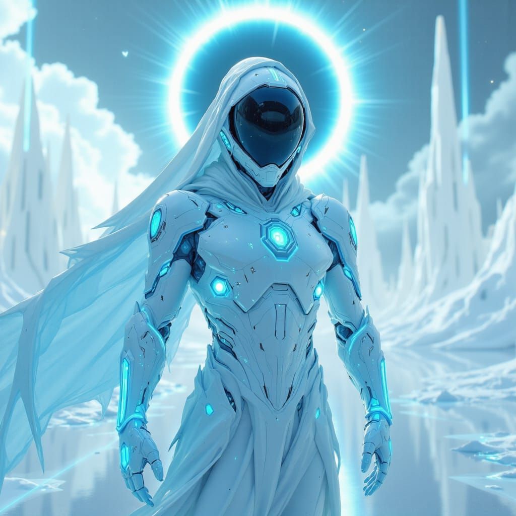 Futuristic Knight in Blizzard on Snow Planet