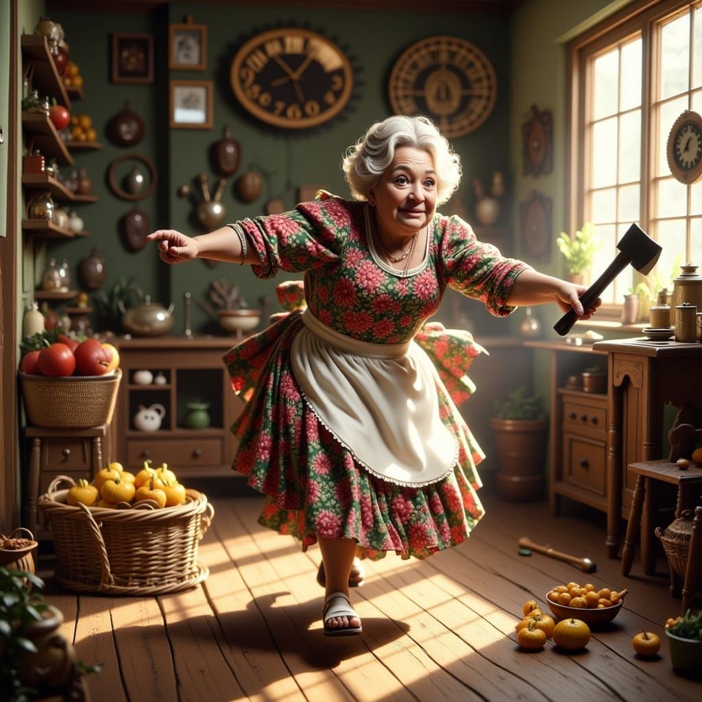 Furious Chicken Chases Granny: A Classical Painting
